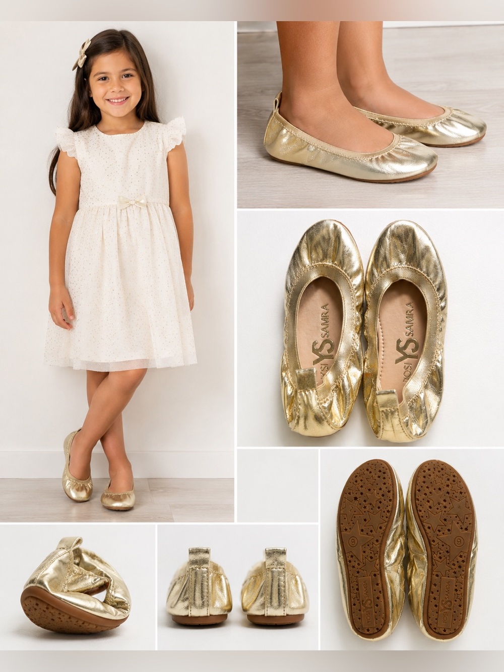 Yosi Samra Miss Samara Girls Gold Metallic Ballet Flats Size 9 Foldable Shoes